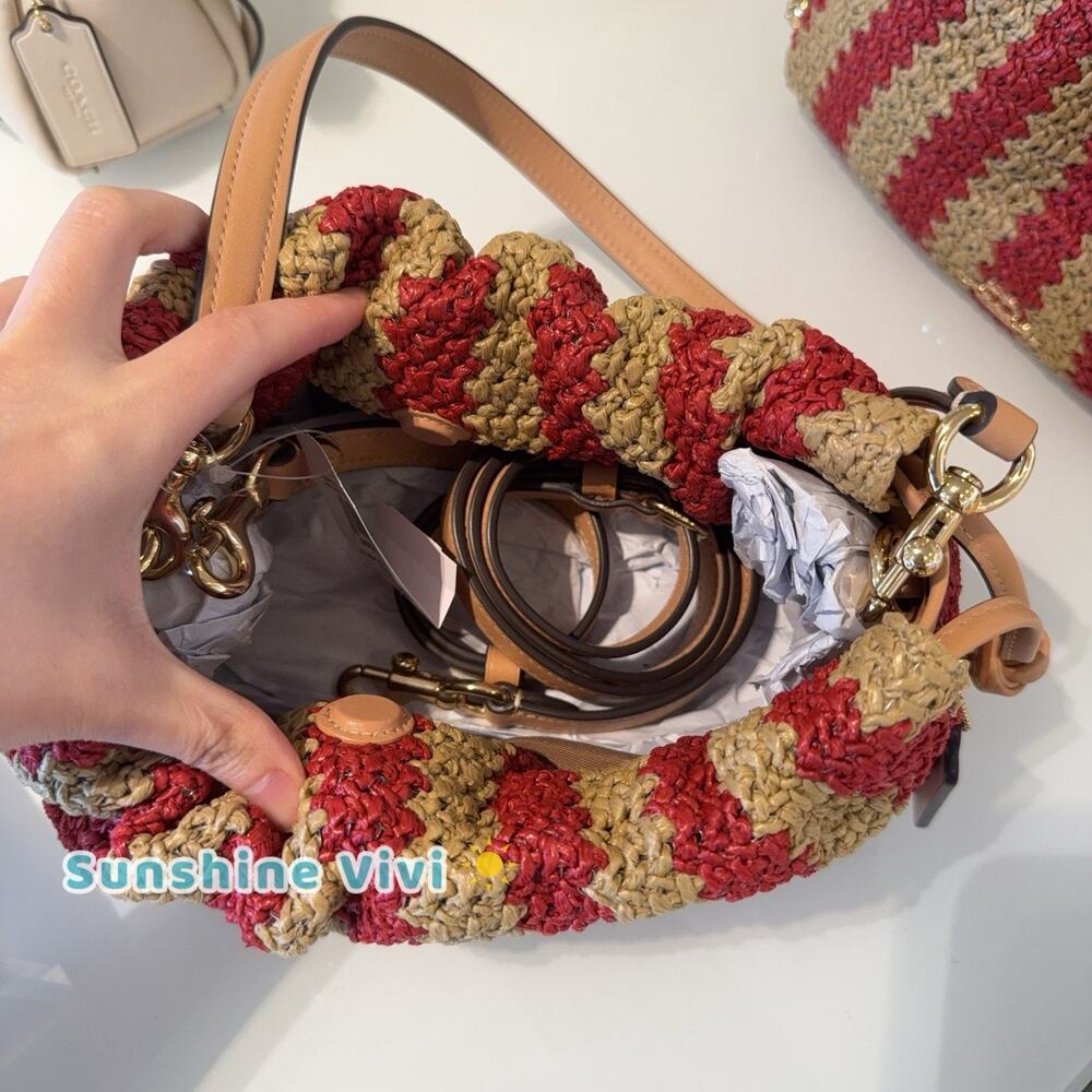 NWT coach Faye Shoulder Bag Gold/Red/Tan Straw and smooth leather CER33 - Picture 6 of 9